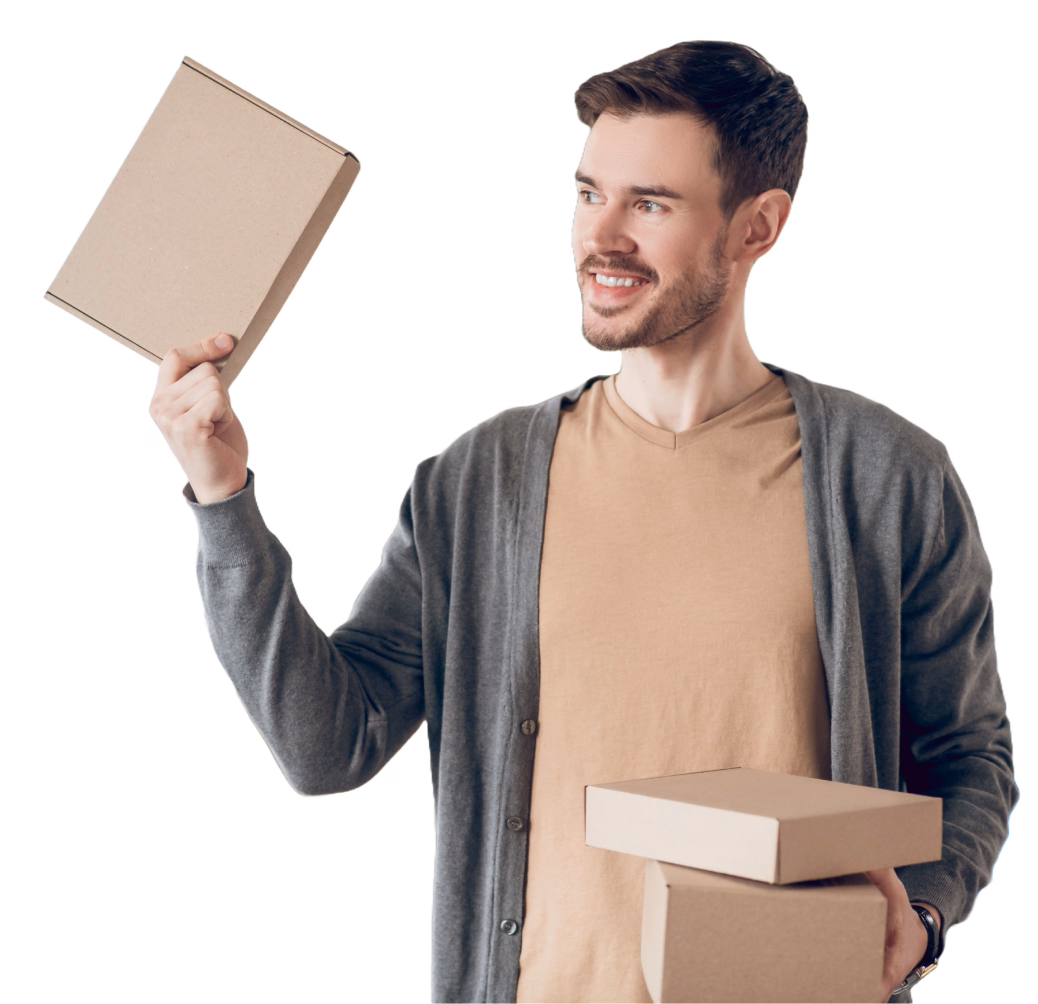 Aboneaza-te la newsletter si afla primul despre oferte si noutati Barbat zambitor tine colete - aboneaza-te la newsletter woot.ro pentru oferte si noutati